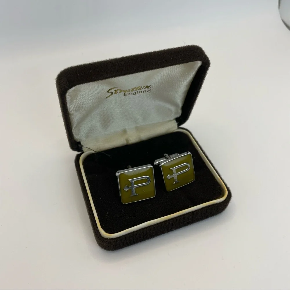 Vintage Green Yellow Enamel Letter P Cufflinks Silver Tone Initial Set